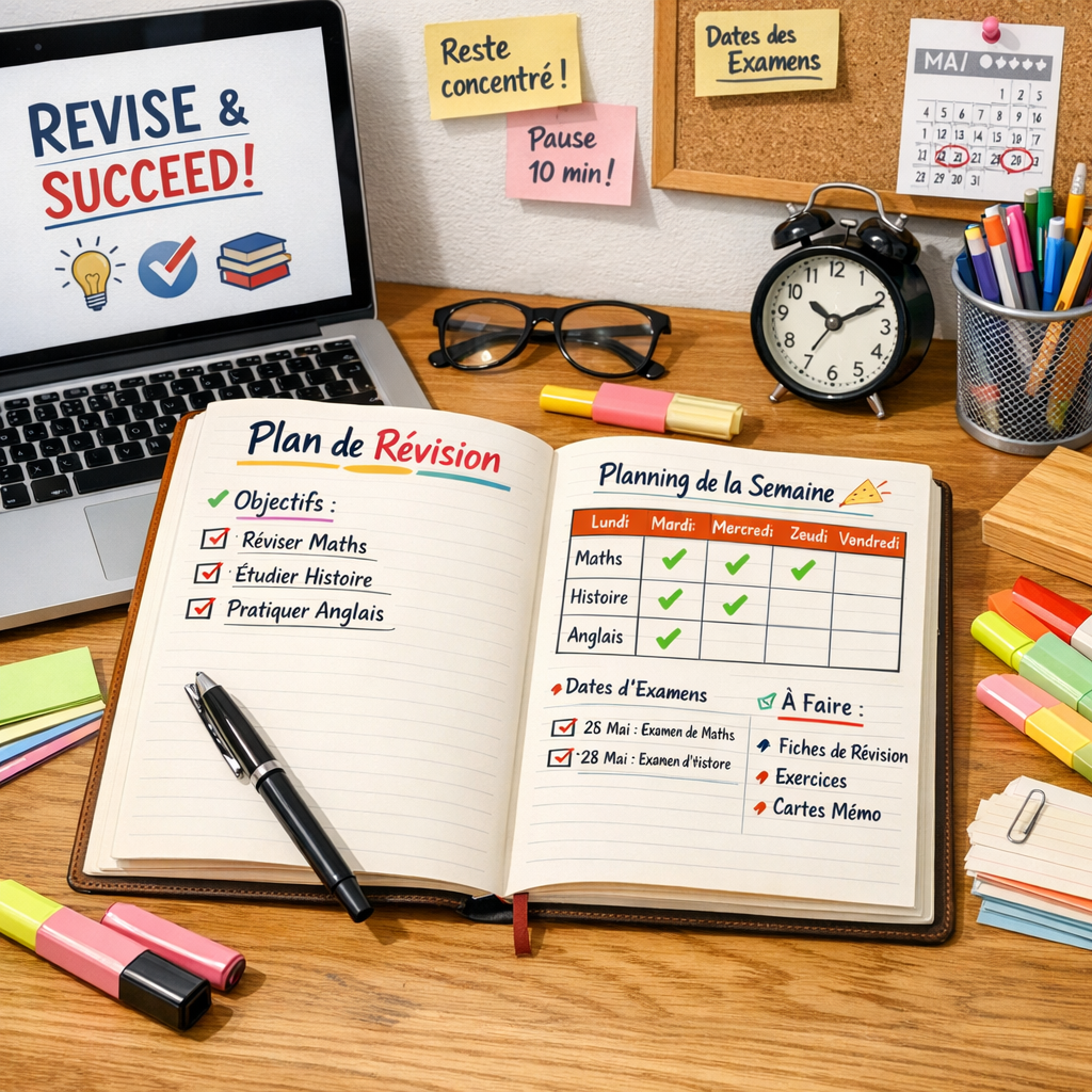 Bureau d’étudiant avec ordinateur et carnet, illustrant l’organisation d’un plan de révision